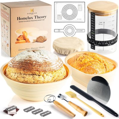 Zuurdesem Starter Kit - Broodbak Set - Ambachtelijk Brood Bakken - Inclusief 2 Manden - 34oz Pot - Geel