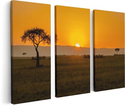 Artaza Canvas Schilderij Drieluik Zonsopgang In De Savanne Met Een Boom - 120x80 - Foto Op Canvas - Canvas Print