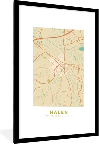 Fotolijst incl. Poster - Retro - Halen - Stadskaart - Plattegrond - Kaart - 60x90 cm - Posterlijst