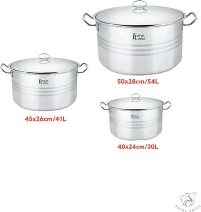 Royal Swiss Diep  roestvrijstalen set van 3 grootvolume kookpotten 30 Liter /  46 Liter / 54 Liter