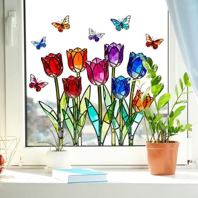 4 vellen 30 x 34 cm - Kleurrijke tulp- en vlinderraamsticker - dubbelzijdige statische - glassticker voor een regenboogprisma-effect, raamdecoratie voor keuken en slaapkamer | Cyslmuk®