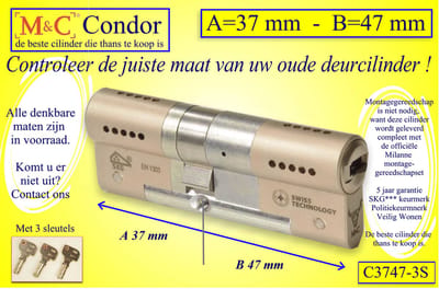 M&C Condor - High Security deurcilinder - SKG*** - 37x47 mm - Politiekeurmerk Veilig Wonen  -  inclusief gereedschap montageset
