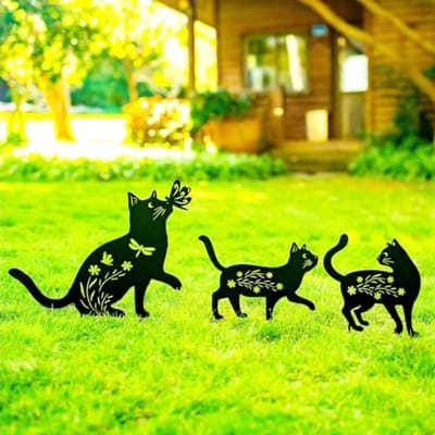 Decoratieve metalen katten silhouet tuinpalen - 3 stuks, buitendecoratie voor tuin en gazon