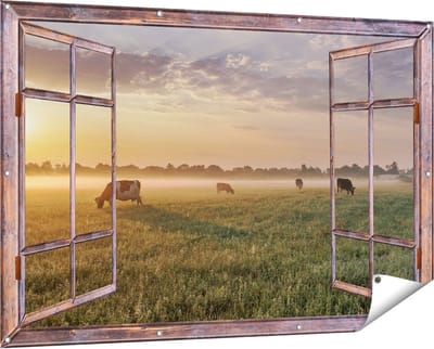 Gards Tuinposter Doorkijk Koeien in de Wei tijdens Zonsopkomst - 150x100 cm - Tuindoek - Tuindecoratie - Wanddecoratie buiten - Tuinschilderij