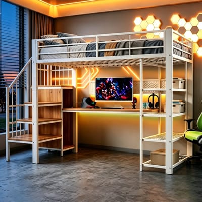 IJzeren Hoogslaper 90 × 200 Cm, Eenpersoonsbed Lang Bureau En Lang Prikbord, Met Europese Stopcontacten En Led-Lichtstrip, Opbergvakken Met Meerdere Niveaus, Hoge Reling-Wit