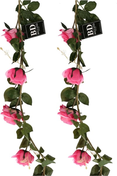 Bellatio Design Kunstbloem slinger rozen - 2x - 145 cm - roze - bruiloft versiering - guirlande - decoratie