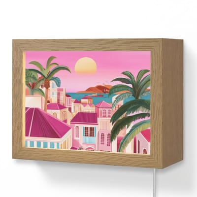 Wandlamp 20x15 cm - Oplaadbaar - Stad - Roze - Palmbomen - Wandlampen binnen woonkamer - Slaapkamer lamp met kabel - Decoratieve nachtlamp - Vloerlamp snoer