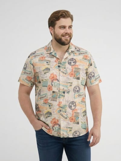 LERROS Comfortabel overhemd met korte mouwen en all-over print, grote maten , Maat: 3XL , Kleur: GRAVEL BEIGE , 97% katoen, 3% elastaan