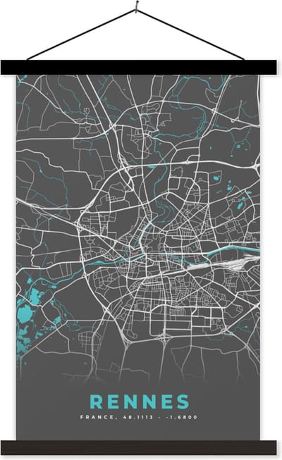 Posterhanger incl. Poster 40x60 cm - Schoolplaat - Stadskaart - Kaart - Plattegrond - Frankrijk - Rennes - Textielposter - Zwarte latten - Stadskaart