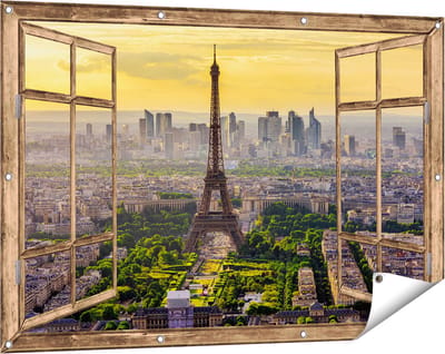 Gards Tuinposter Doorkijk Skyline van Parijs met de Eiffeltoren - 120x80 cm - Tuindoek - Tuindecoratie - Wanddecoratie buiten - Tuinschilderij