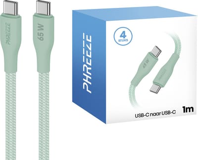 Usb C kabel 65w - 4 pack - Groen - 1 meter - Stevig nylon - Type C oplaadkabel - Phreeze