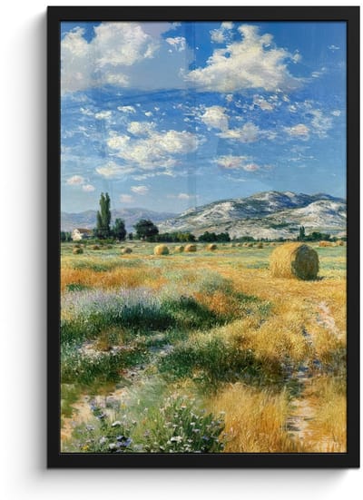 Poster in lijst - Fotolijst 40x60 cm - Posters - Landschap - Strobalen - Bergen - Wolken - Posterlijst zwart - Decoratie - Wanddecoratie woonkamer - Muurdecoratie slaapkamer