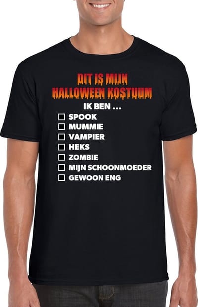 Halloween kostuum - wie ben ik lijstje - t-shirt - zwart - voor heren - kleding - funny verkleedkleding S
