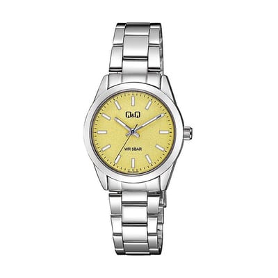 Q&Q Q82A-004PY - Horloge - Analoog - Dames - Vrouwen - stalen band - Rond - Metaal - Streepjes - Zilverkleurig - Geel - 5 ATM