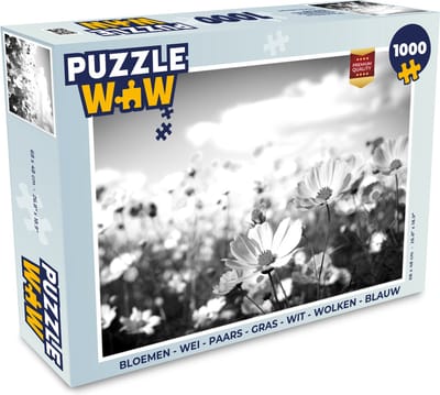 Puzzel Bloemen - Wei - Paars - Gras - Wit - Wolken - Blauw - Legpuzzel - Puzzel 1000 stukjes volwassenen