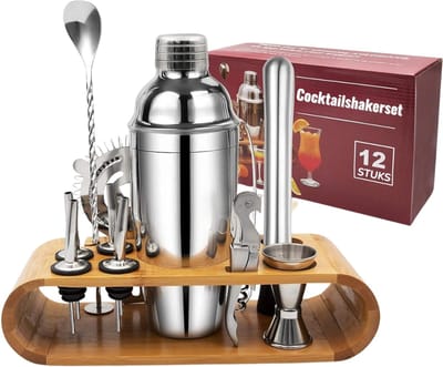 Cocktail Set met Cocktail Shaker - Complete Bartending Kit RVS - Professionele Bar Set Inclusief Bamboe Stand - Luxe Cocktailset met Maatbeker, Barlepel & Zeef | Cadeauset voor Thuisbar
