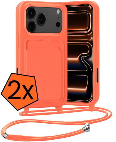 Hoesje Geschikt voor iPhone 17 Pro / 18 Pro Hoesje Met Telefoonketting Pasjeshouder Case Koord - Hoesje Geschikt voor iPhone 17 Pro / 18 Pro Hoes Met Kaarthouder - Papaya - 2 PACK