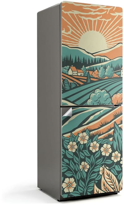 Wallfluent Koelkaststickers - Illustratie van een zonsopgang in de weide Koelkast Folie - 70 cm x 190 cm - Oranje Koelkaststickers - Koelkast Wrap - Koelkast Design - Waterdichte Koelkast Sticker - Koelkast Design