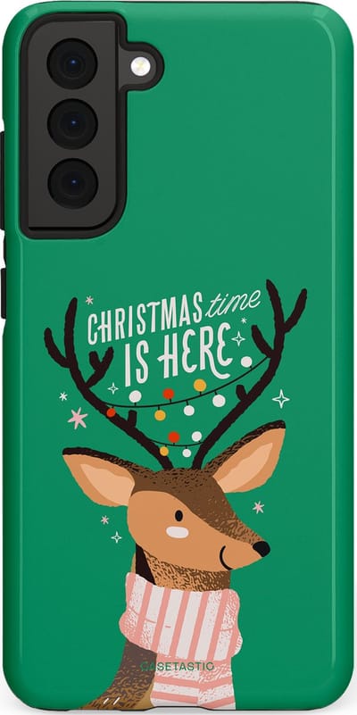 Casetastic hoesje geschikt voor Samsung Galaxy S21 FE 5G - Dubbellaagse bescherming - Rudolf het Rendier op het groen - Fashion Case - Turquoise Perzik Donkergroen