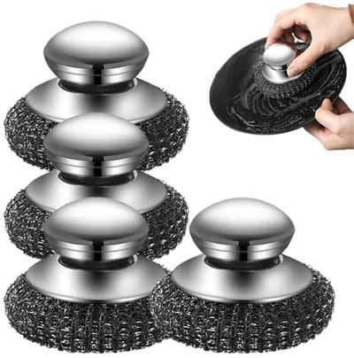 Afwasborstel - 4 Stuks - Met handvat - Staalspons roestvrij staal - Pannenspons - Pannenborstel - Staalborstel - RVS spiraal staalwol - Staalwol schoonmaakspons - Voor het reinigen van keukenpotten en pannen grill gootsteen