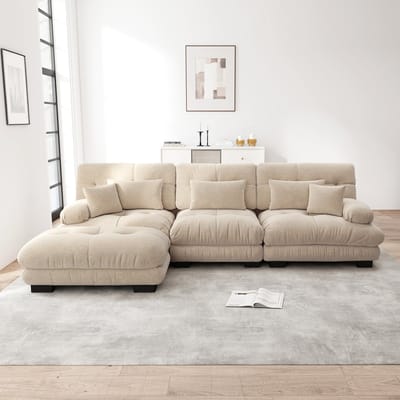 Intebiki bank - hoekbank -3 zits bank - zetel - bankstel - L-vormige hoekbank- inclusief een verplaatsbare poef - chenille stof - 313x145x81 cm - licht koffiebruin