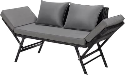 Tuinbank polyrotan - Weerbestendig - Met kussens - Zwart - Voor tuin, terras en balkon - Verstelbare armleuning