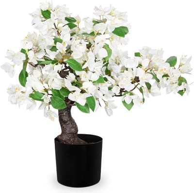 Witte Kunstbloemen Bougainvillea 53 cm - Realistische Lente Bloemen voor Tafel en Plankdecoratie in Zwarte Pot voor Woonkamer en Slaapkamer