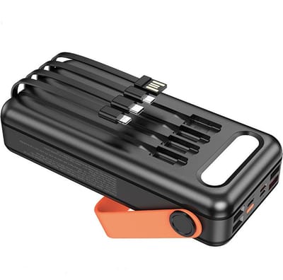 Hoco Draagbare Powerbank 30000 mAH met Zonne-Energie - voor Noodpakket met 4 geïntegreerde kabels - USB + USB-C + Micro + Lightning