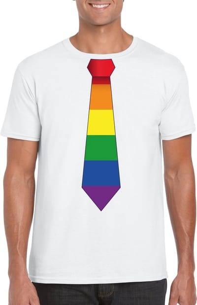 Wit t-shirt met regenboog stropdas heren - LGBT/ Gay pride shirts S