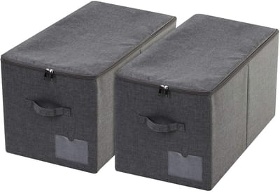 Opbergmand met deksel - Set van 2 - Stijf, opvouwbaar en wasbaar - Ruimtebesparende dozen voor beddengoed, kleding, boeken, fotoalbums - Zwart grijs