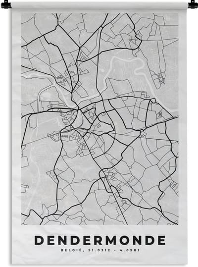 Wandkleed - Wanddoek - Stadskaart – Zwart Wit - Kaart – Dendermonde – België – Plattegrond - 120x180 cm - Wandtapijt