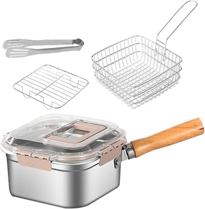 Friteuse Roestvrij Staal - Olie Pan Kookpan - Thuis Koken Buiten - Morsbestendig Ontwerp - 24x15x24 cm - Zilver