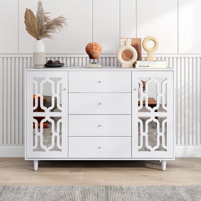 KOMHTOM Dressoir spiegelkast met kristallen handgrepen voor woon- en eetkamer 147,5 x 40 x 102 cm Wit