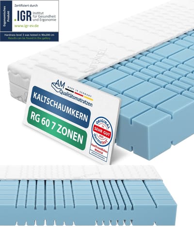AM Qualitätsmatratzen Premium 7 zones koudschuimmatras 80x200 H3 Made in Germany OEKO TEX gecertificeerde koudschuimmatras 80x200 19 cm hoog ergonomisch matras 80x200 cm