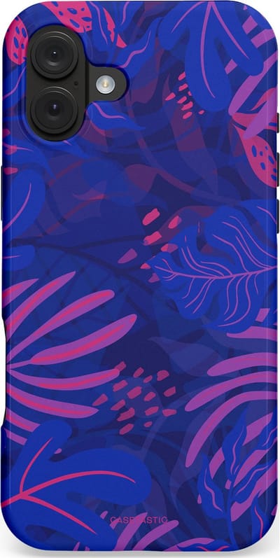 Casetastic hoesje geschikt voor Apple iPhone 16 Plus - MagSafe - Dubbellaagse bescherming - Neon jungle blad - Fashion Case - Donkerblauw Lavendel Roze