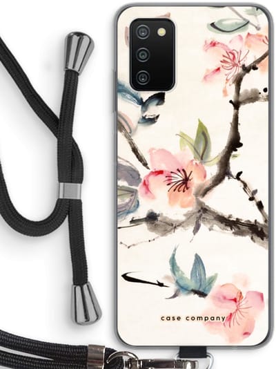 Case Company® - Hoesje met koord geschikt voor Samsung Galaxy A03S hoesje met Koord - Japanse bloemen - Telefoonhoesje met Zwart Koord - Bescherming aan alle Kanten en Over de Schermrand
