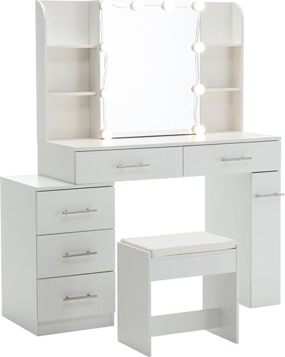 YYchan Kaptafel - Make-up Tafel met Verborgen Kast & Hoekplanken - met Spiegel en Verlichting - 10 LED Lampen - 100x40.5x136 cm - Wit