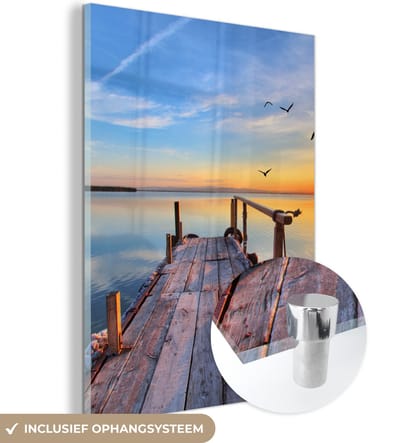 Glasschilderij - Foto op glas - Steiger - Water - Vogels - Natuur - Acrylglas - Schilderij glas - Acrylplaat - Wanddecoratie - 120x160 cm - Glasschilderij natuur - Muurdecoratie