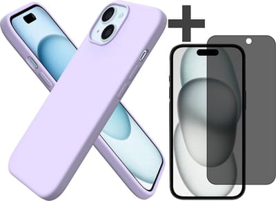 Hoesje met Privacy Screenprotector Geschikt voor iPhone 15 Hoesje Siliconen - liquid case - Arara Backcover - Lila