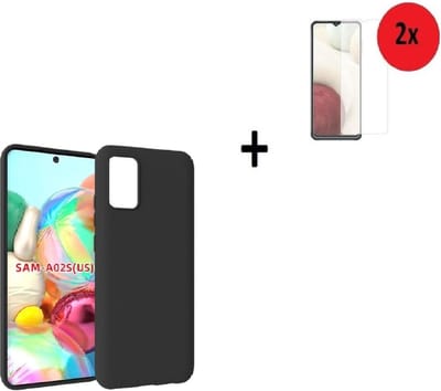 Hoesje Geschikt voor Samsung Galaxy A02s - Siliconen - Screenprotector A02s - Hoesje Zwart Case + 2x Tempered Glass
