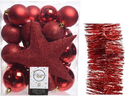 Kerstversiering kunststof kerstballen 5-6-8 cm met ster piek en folieslingers pakket rood van 35x stuks - Kerstboomversiering