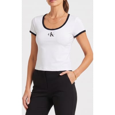 Calvin Klein Ss Monologo Scoop Neck Top Bright White Taglia: M | Maglie Sportivi Outlet | Donna | Bianco