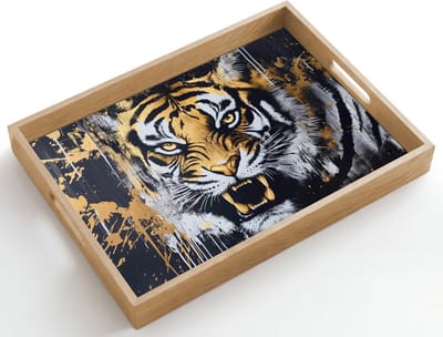 Dienblad hout 50x35 cm - Schootdienblad - Tijger - Verfspatten - Goud - Borrelplank rechthoek - Plateau dienbladen