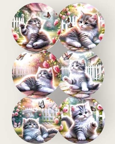 Sweet Kitten - 6 stuks - Katten onderzetters - Katten onderleggers - Set van 6 - Onderzetters - Coasters - Houten onderzetters - Onderzetters voor glazen - Onderleggers voor glazen of Kopjes - Verjaardagscadeau - Katten accessoires - Fun Cadeau