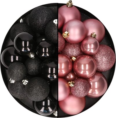 Kerstballen 60x stuks - mix oudroze/zwart - 4-5-6 cm - kunststof - kerstversiering