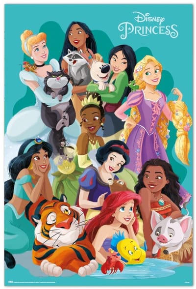 Disney Prinsessen poster - huisdieren - Sneeuwwitje - Assepoester - Ariël - Belle - 61 x 91.5 cm.