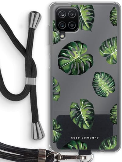 Case Company® - Hoesje met koord geschikt voor Samsung Galaxy A12 hoesje met Koord - Tropische bladeren - Telefoonhoesje met Zwart Koord - Bescherming aan alle Kanten en Over de Schermrand