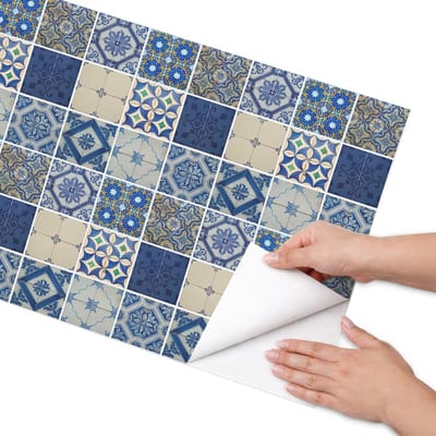 Coloray Meubel Wrap Folie - Blauw Meubelfolie - 50x100 cm - Decoratiefolie Zelfklevend Stijlvolle tegels - Meubelfolie Zelfklevend - Geometrische Meubelfolie - Wrapfolie Keuken - Wanddecoratie - Achtergronden en patronen