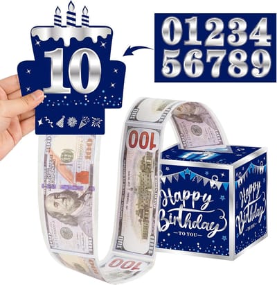 Geschenkdoos Geldcadeau voor Verjaardag - Met DIY Stickers voor Alle Leeftijden - Blauw-Zilver Verrassingsdoos met Uittrekkaart - Geschikt voor Mannen & Jongens - Leuke Manier om Geld als Cadeau te Presenteren