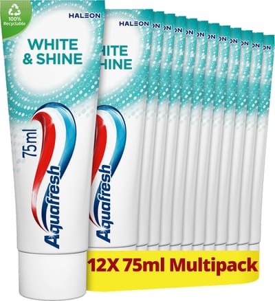Aquafresh White & Shine - Tandpasta - Whitening - Langdurig Frisse Adem - Sterke Tanden & Gezond Tandvlees - Glanseffect in 7 Dagen - Bevat Fluoride - Frisse Smaak - Voordeelverpakking 12 x 75ml